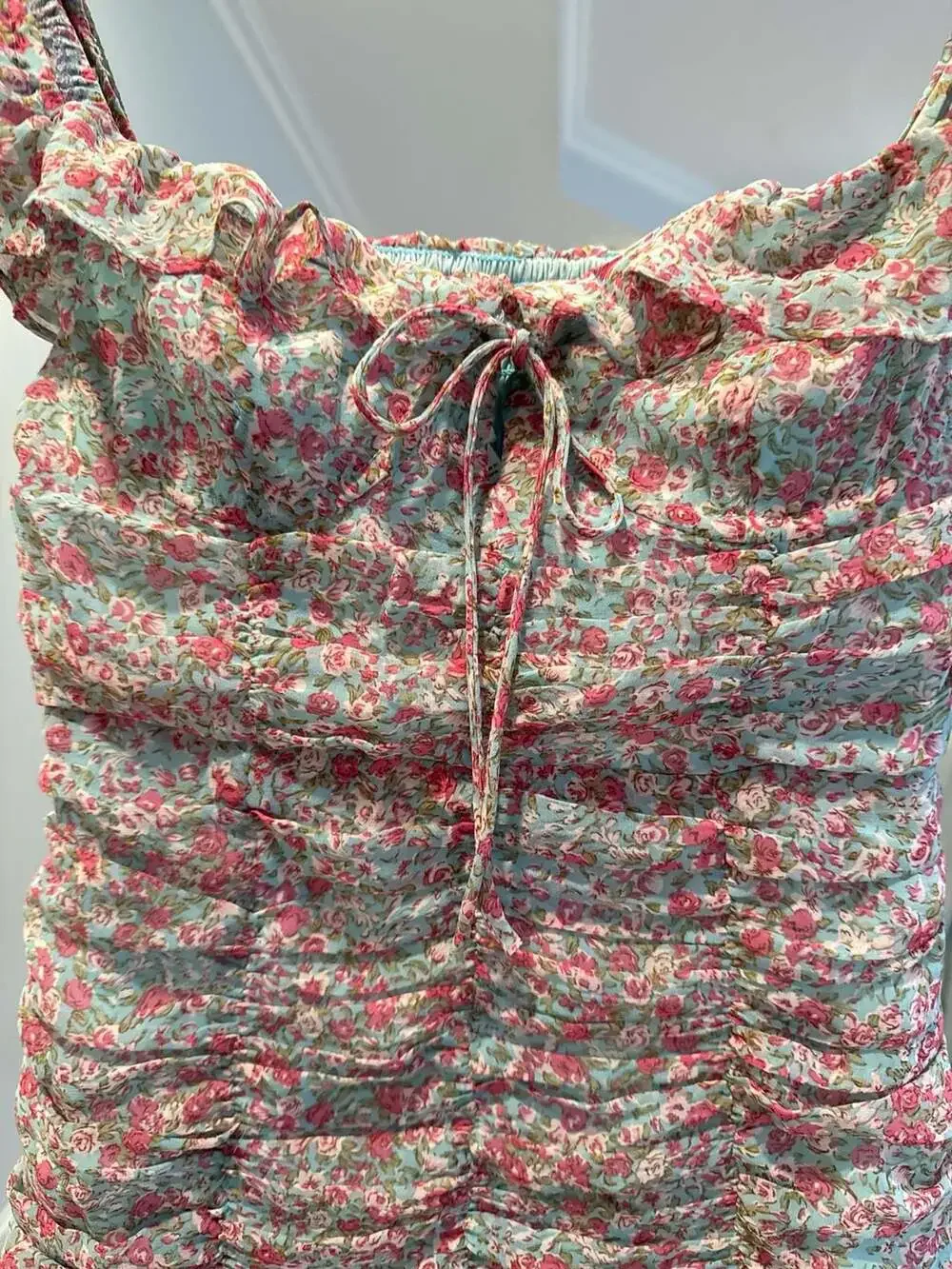 ASTR The Label Teal Pink Floral Ruched Off-Shoulder Mini Dress (44) - Picture 3 of 7